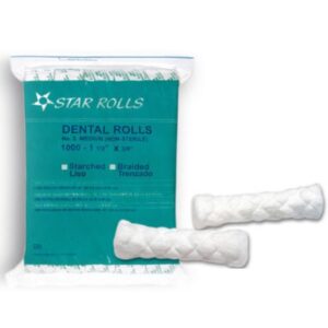 Tórulas trenzadas estériles de algodón 100% puro en bolsa de 1000 unidades, ideales para uso odontológico y médico.